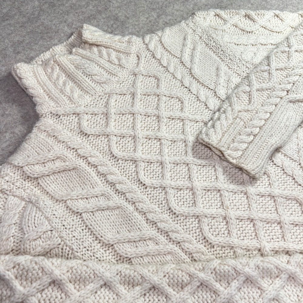 Paul James Made in England 100% Wool Cable Knit Mock Neck Sweater Cream Large W